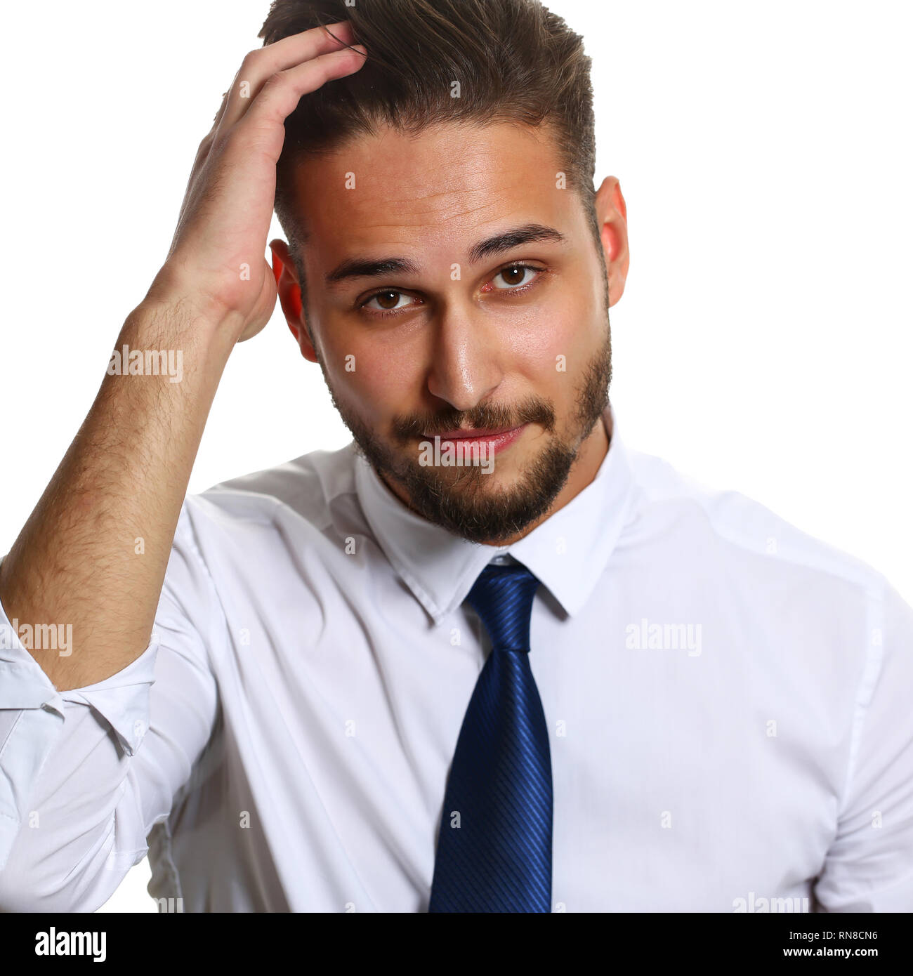 Handsome smiling adult bearded brunette caucasian person Stock Photo
