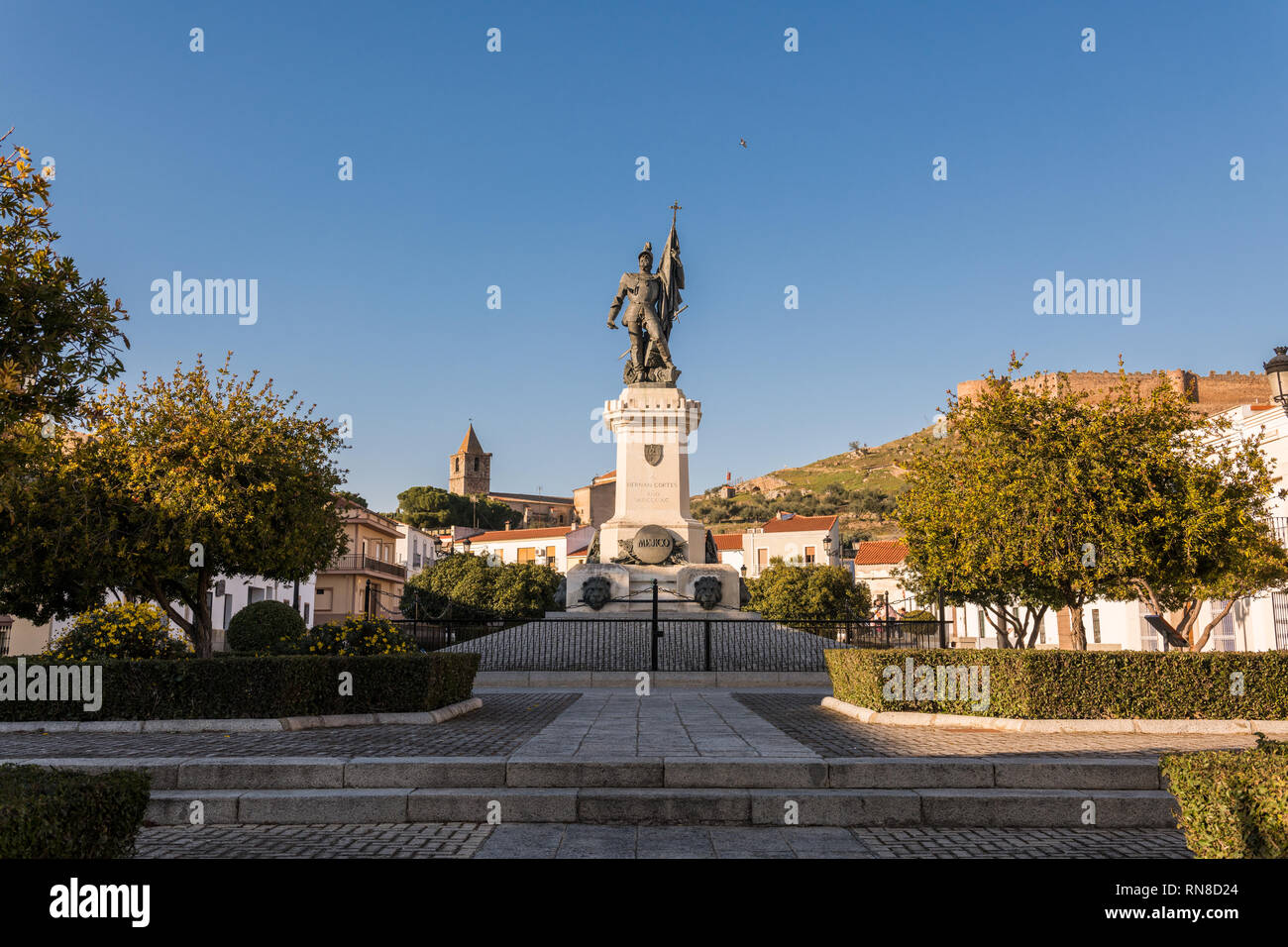 Statue of Spanish conquistador Hernan Cortes in the plaza of the same