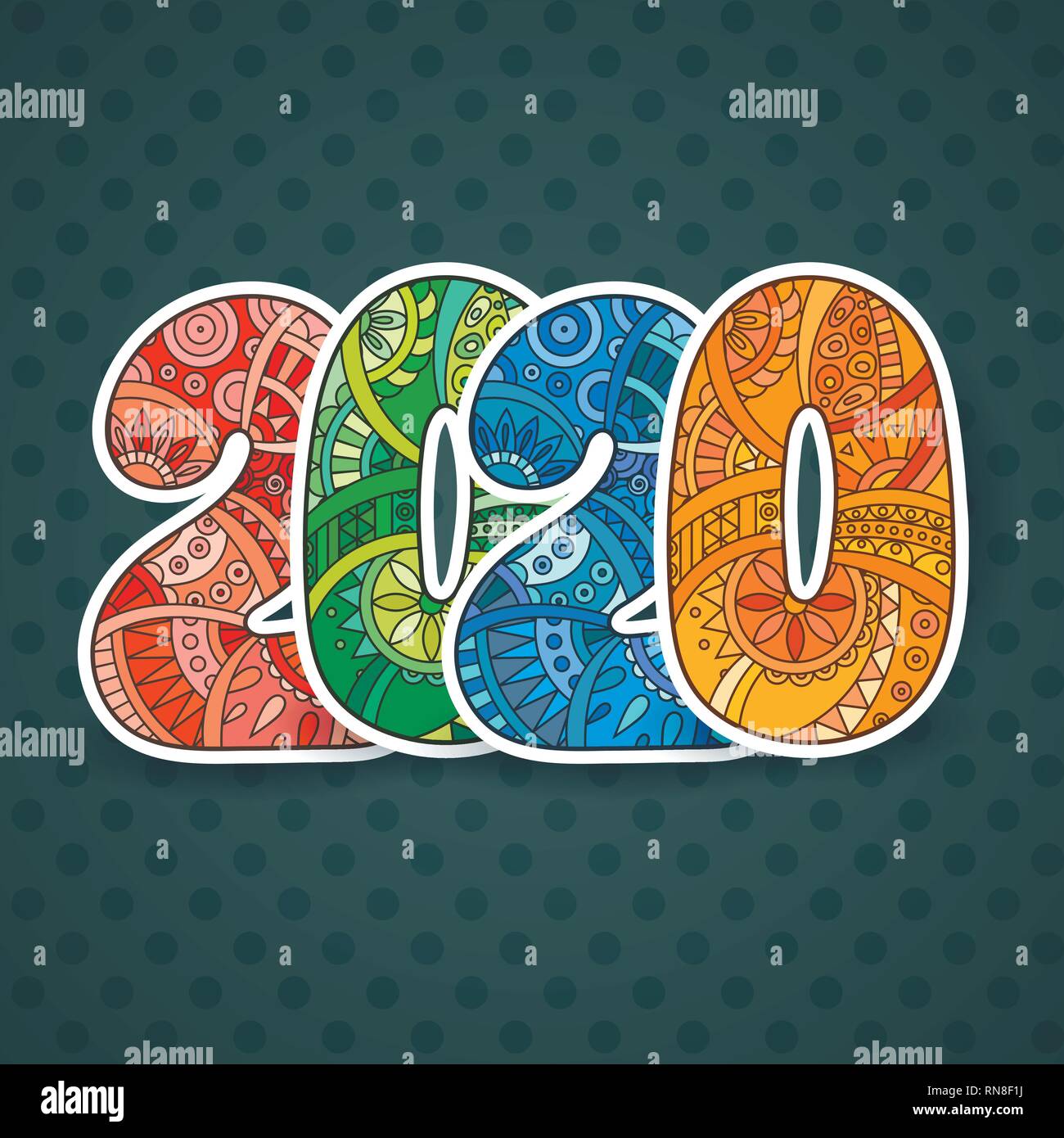 Happy New Year 2020 celebration number. Vector Xmas illustration in zentangle. Christmas background. Stock Vector