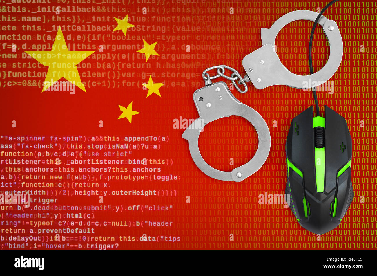 China flag  and handcuffed modern backlit computer mouse. Creative concept of combating computer crime, hackers and piracy Stock Photo