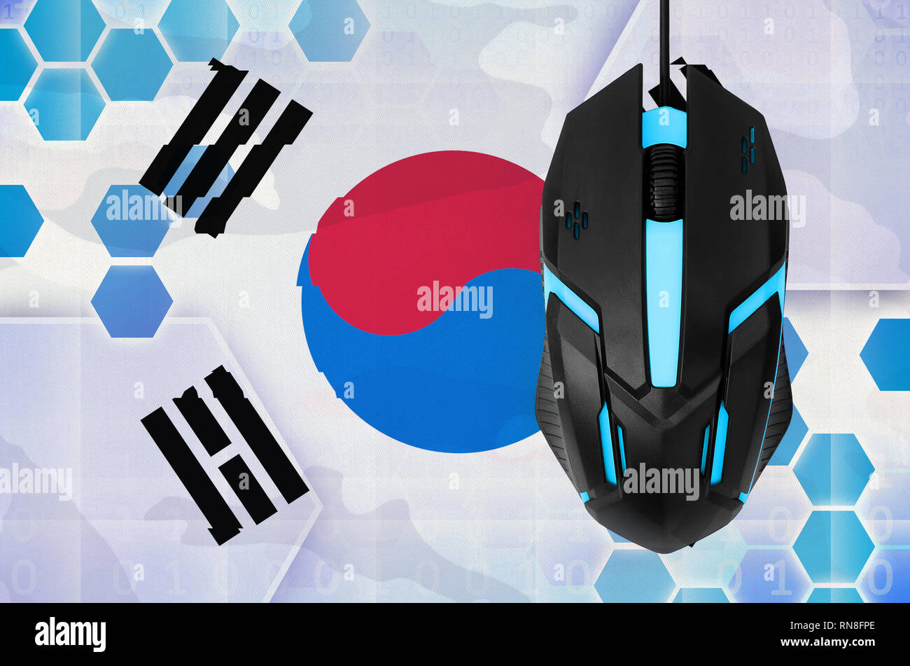 South Korea flag and modern backlit computer mouse. Concept of country