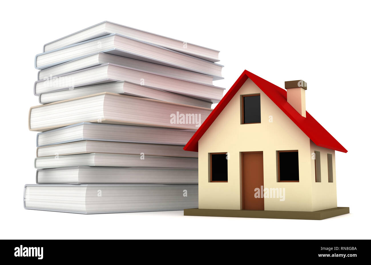 Conceptual 3d rendering of house miniature close to engeneering manuals Stock Photo