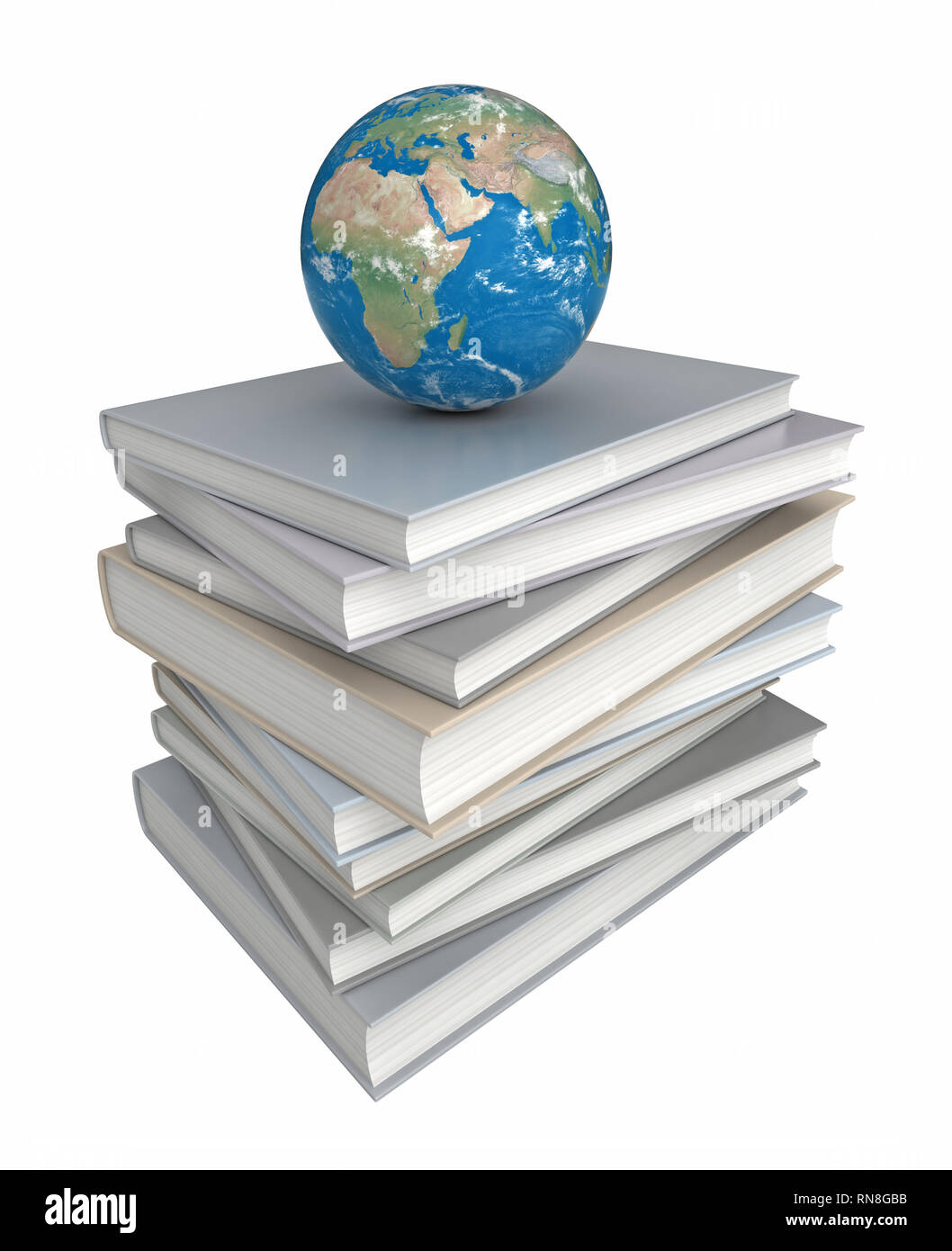 Conceptual 3d rendering of earth miniature over pile of books Stock Photo
