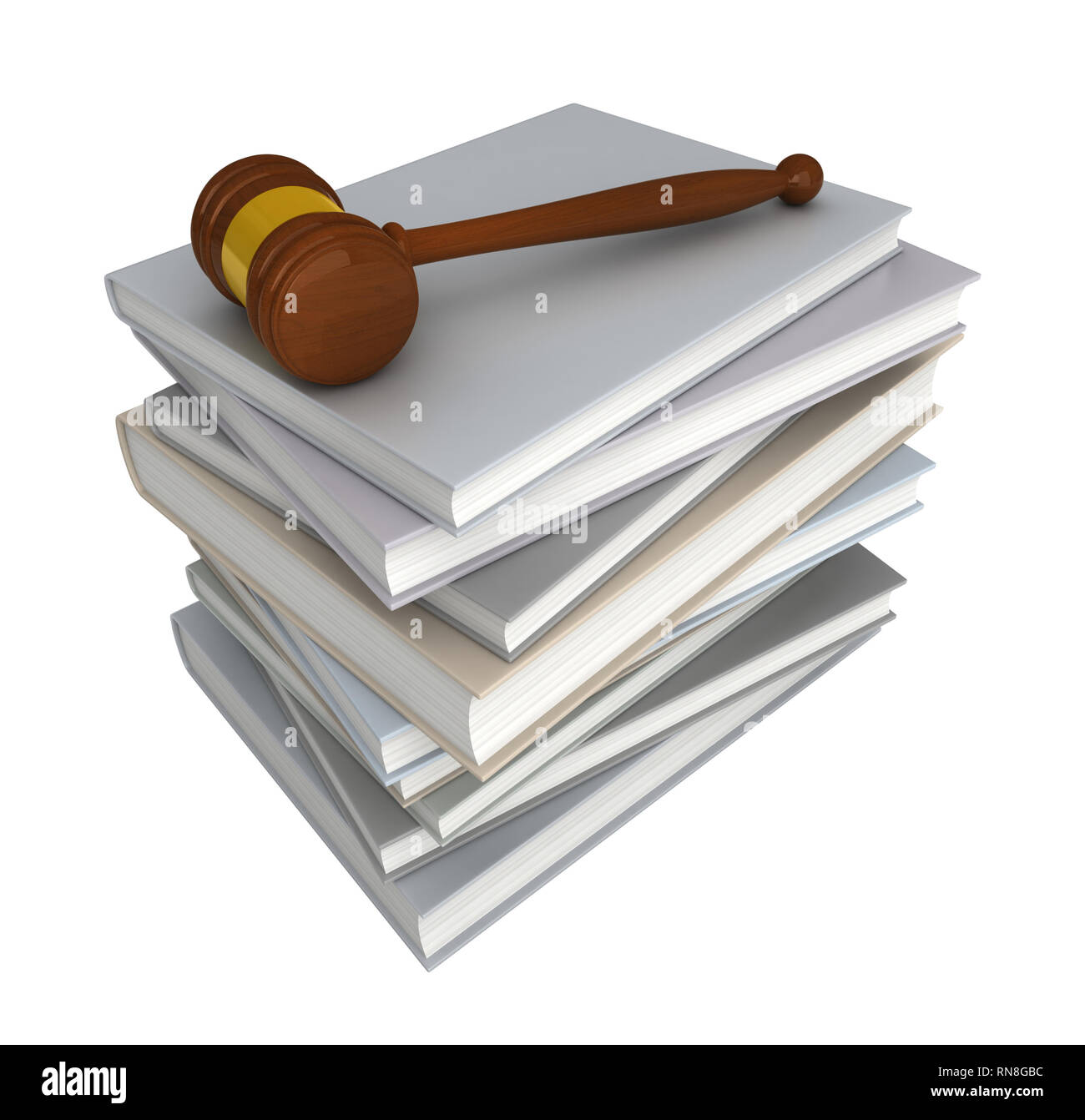 Conceptual 3d rendering judge hammer over pile of books Stock Photo