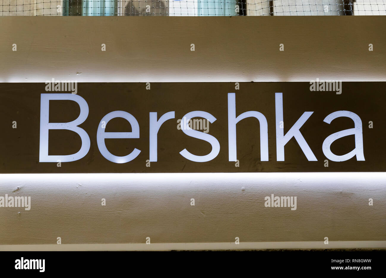 MILAN, ITALY - 2 JUNE, 2018: Logo of the Bershka store on the street of ...