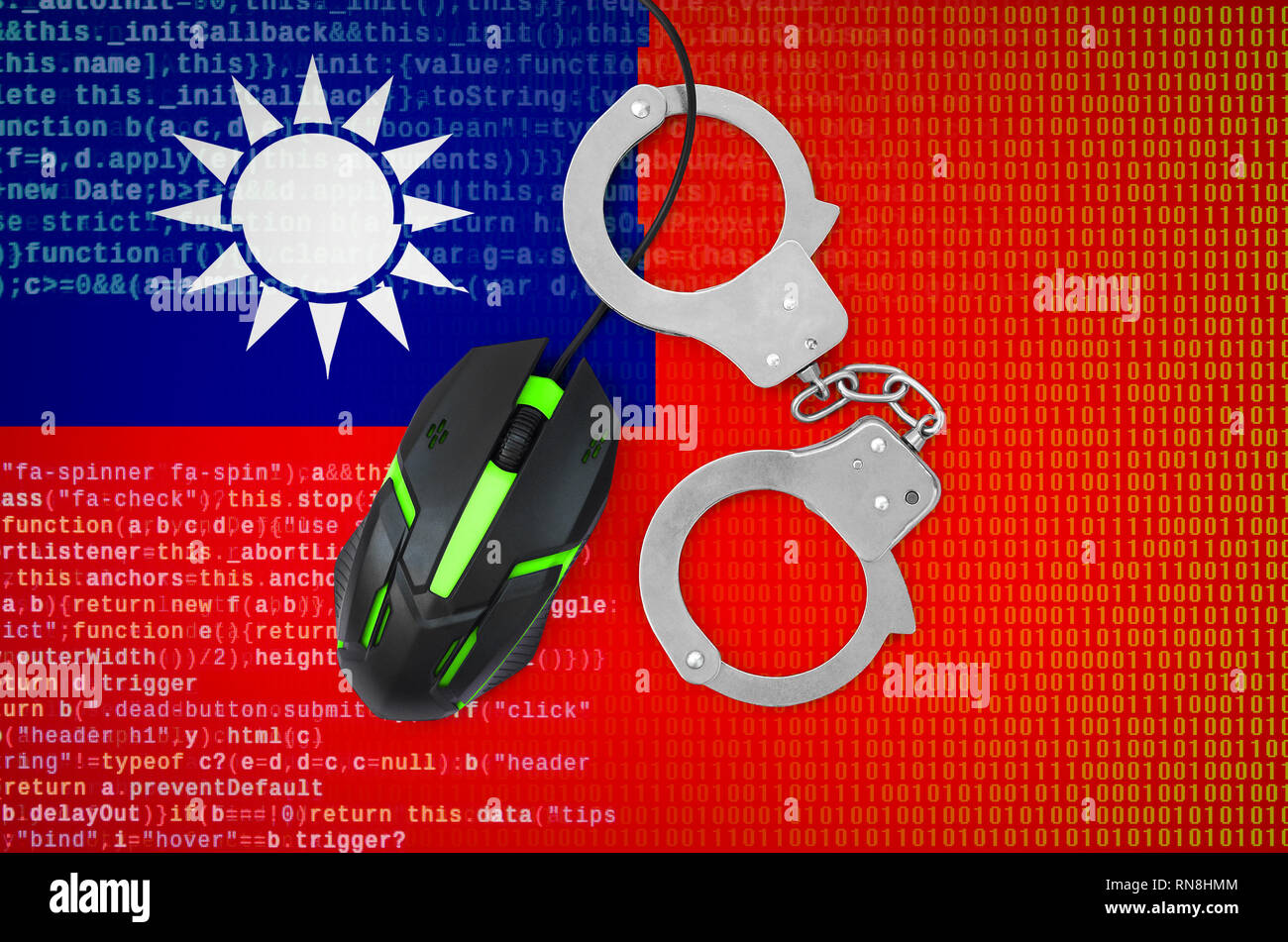 Taiwan flag  and handcuffed modern backlit computer mouse. Creative concept of combating computer crime, hackers and piracy Stock Photo