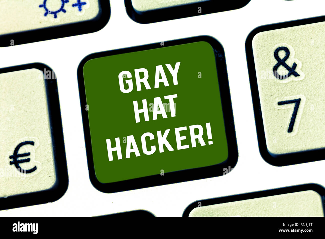 Writing note showing Gray Hat Hacker. Business photo showcasing Computer security expert who may sometimes violate laws Keyboard key Intention to crea Stock Photo