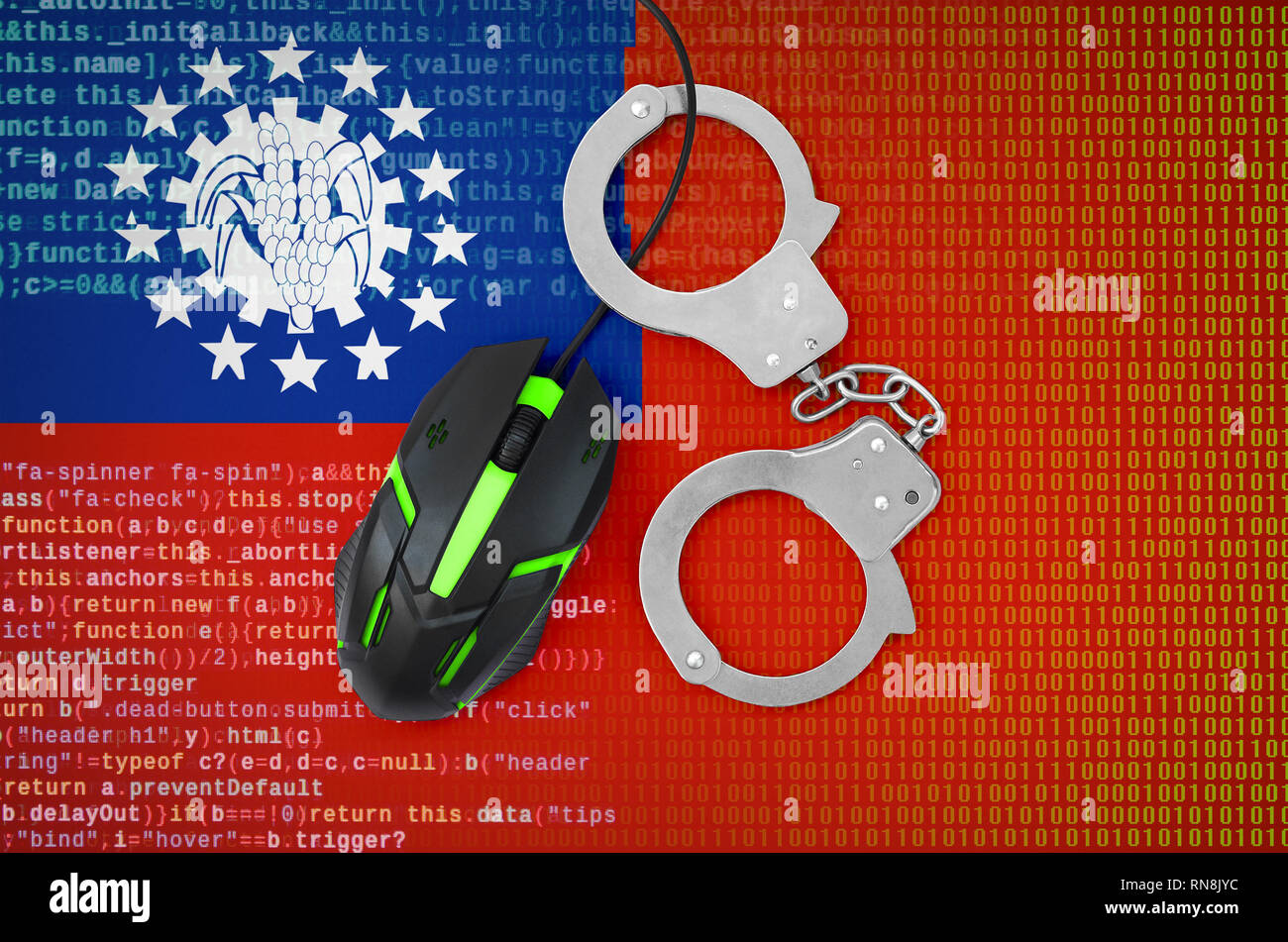 Myanmar flag  and handcuffed modern backlit computer mouse. Creative concept of combating computer crime, hackers and piracy Stock Photo