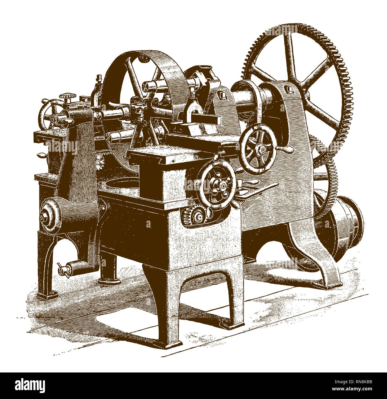 Historic pulley lathe machine (after an etching or engraving from the 19th century) Stock Vector