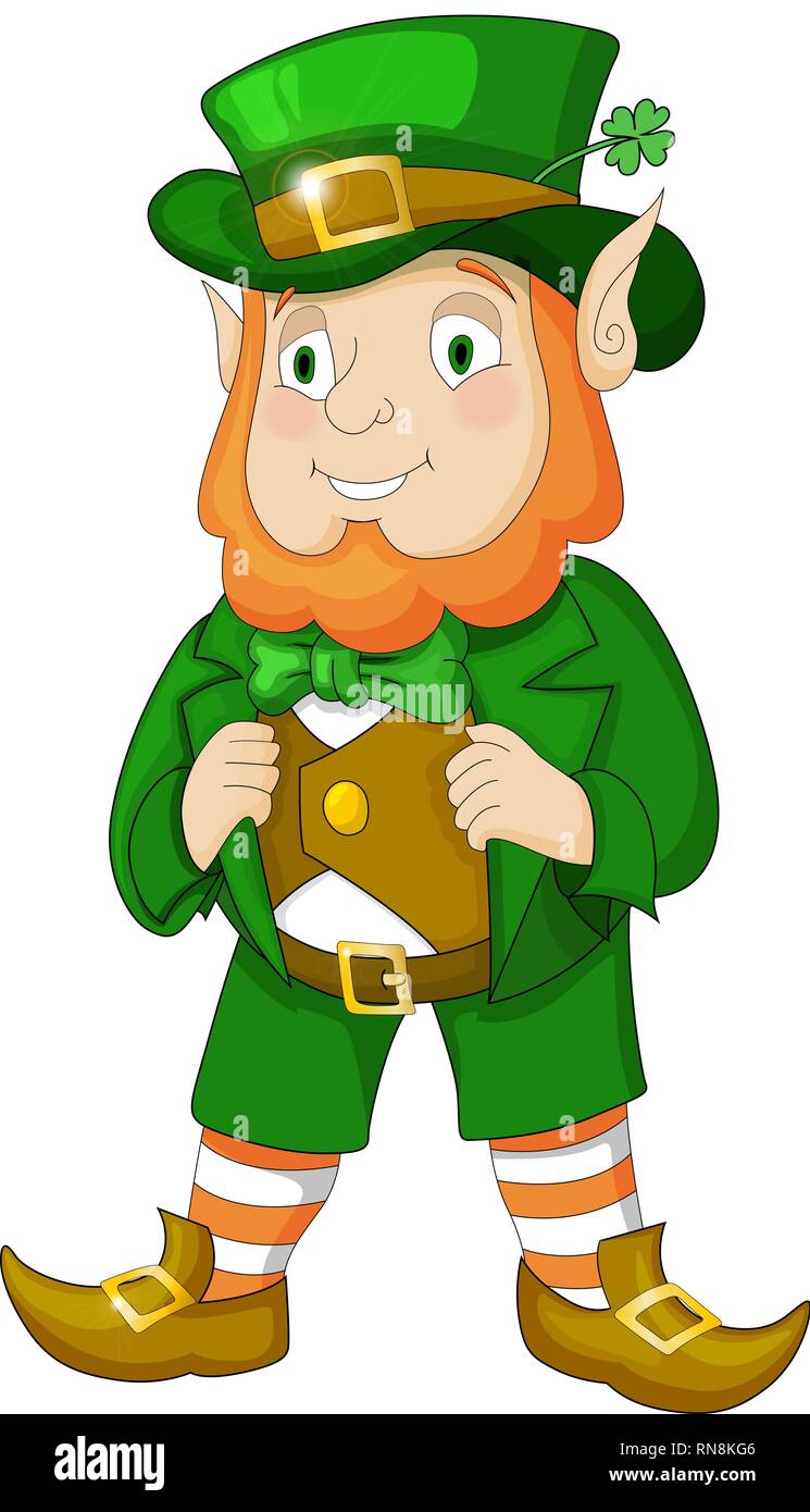 Cartoon Leprechaun in green frock coat and top hat with four-leaf ...