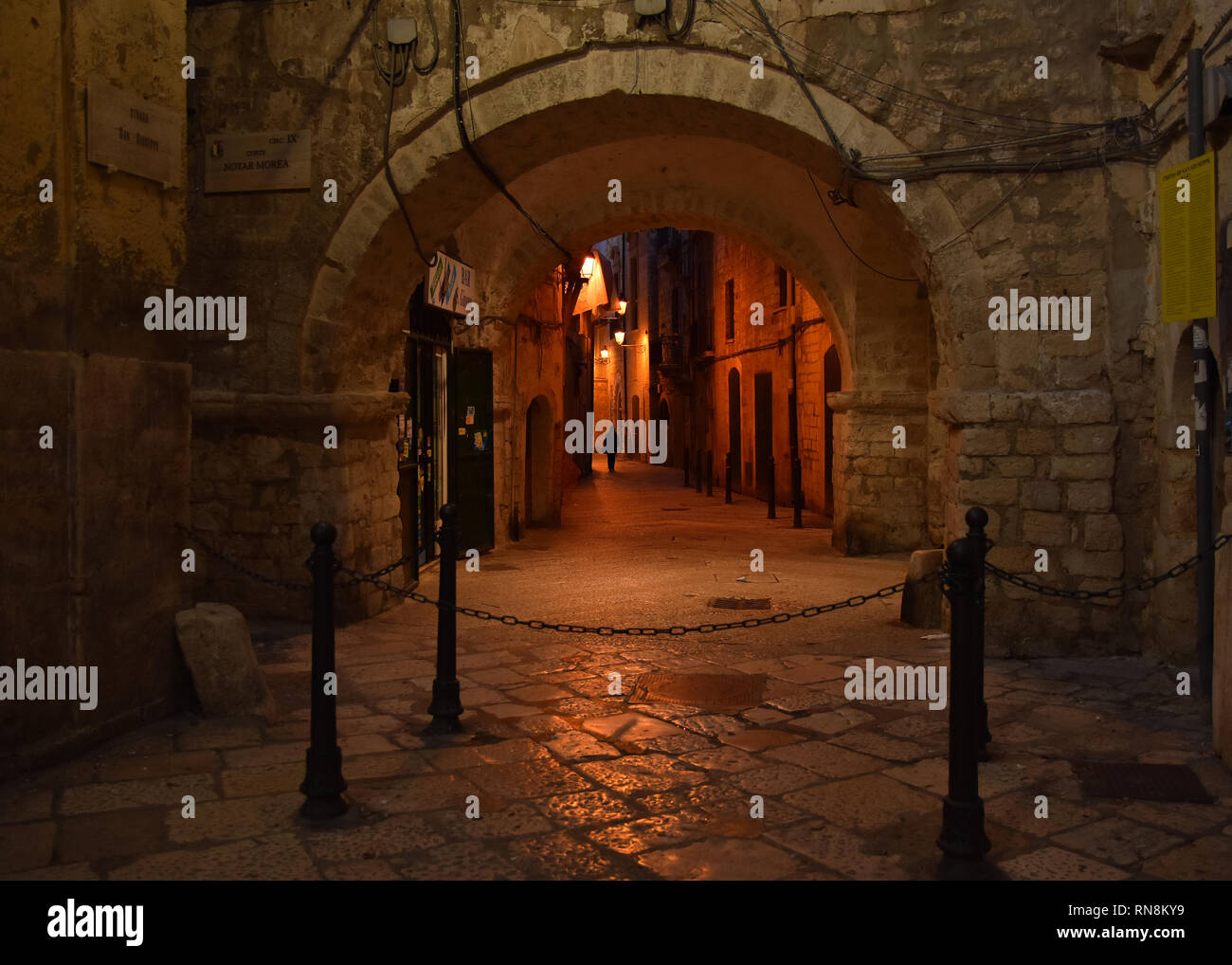 BARI, ITALY - FEBRUARY 8, 2019. Night view in amazing Old Town , historical center of Bari , Italy Stock Photo