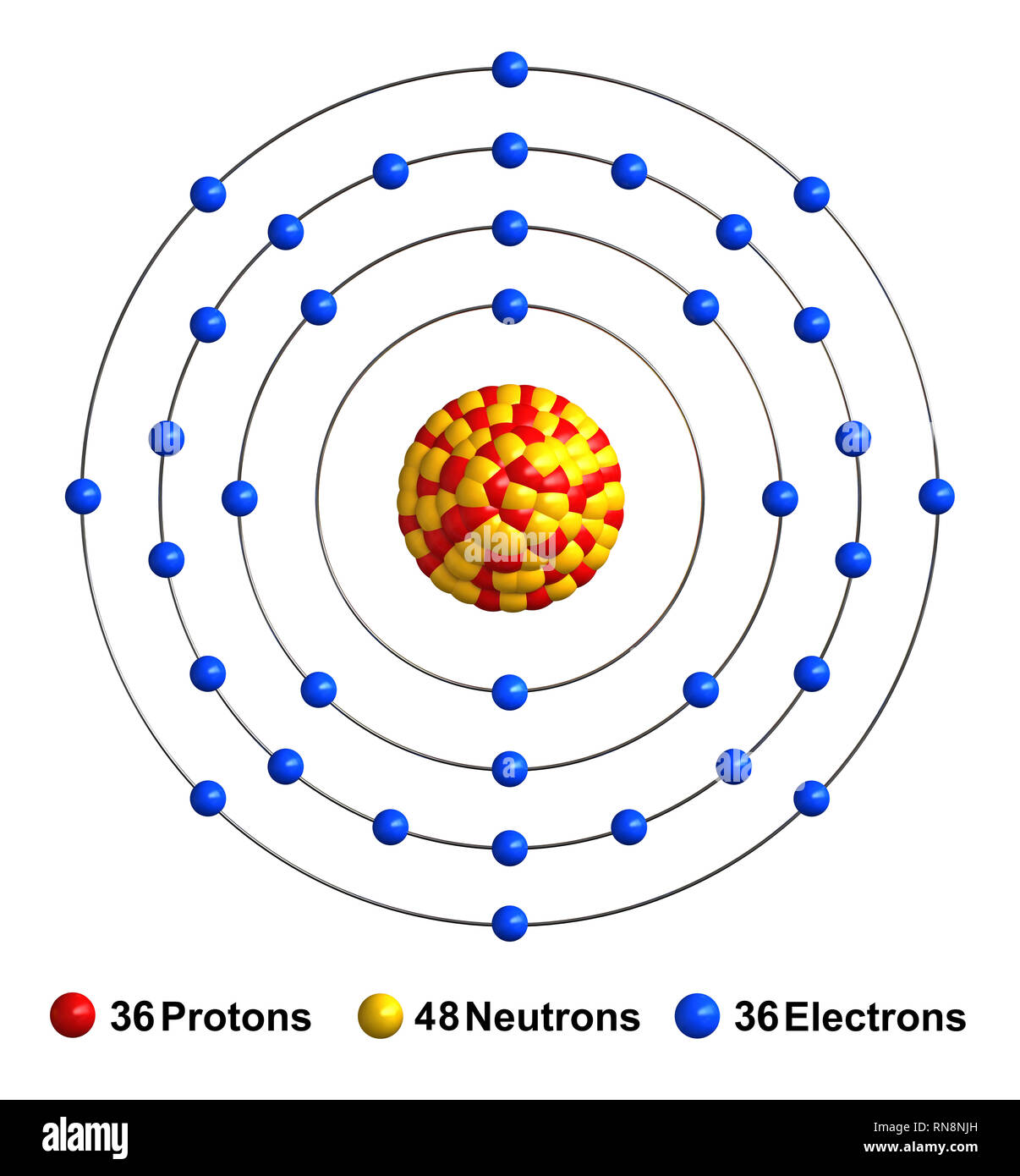 3d Render Of Atom Structure Of Krypton Isolated Over White Background Protons Are Represented As Red Spheres Neutron As Yellow Spheres Electrons As Stock Photo Alamy