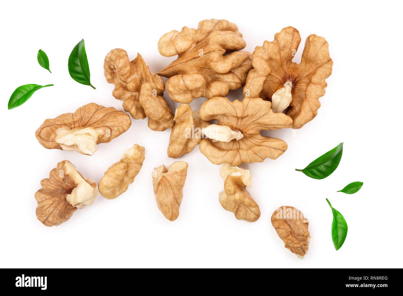 peelled Walnuts isolated on white background. Top view. Flat lay Stock Photo