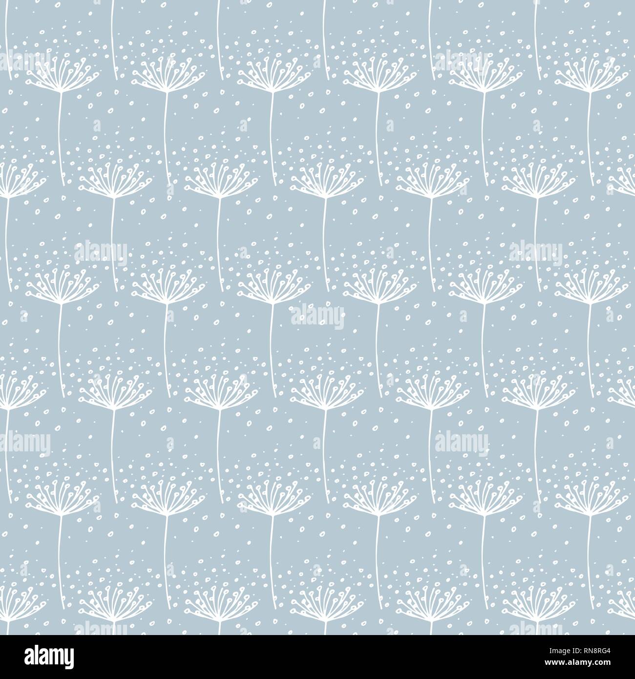 Vector Hand drawn white dandelion on light blue background repeat seamless pattern. Stock Vector