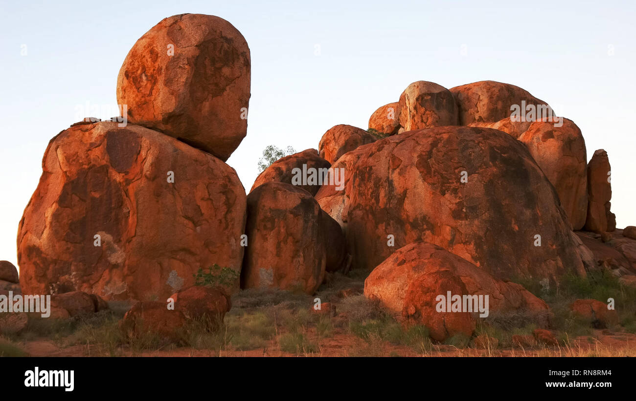 close up shot of the devil's marbles in australia's northern territory at dusk Stock Photo