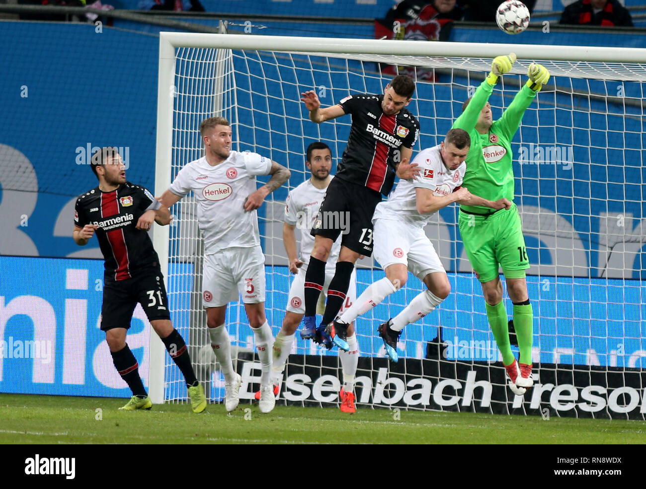 From right goalkeeper Jaroslav Drobny of Duesseldorf, Kaan Ayhan of Duesseldorfand, Lucas Alario of Leverkusen, Andre Hoffmann of Dusseldorf  and Kevin Volland of Leverkusen are seen in action during the Bundesliga soccer match between Bayer Leverkusen Vs Fortuna Dusseldorf at the BayArena, Leverkusen. ( Final score; Bayer Leverkusen 2:0 Fortuna Dusseldorf ) Stock Photo