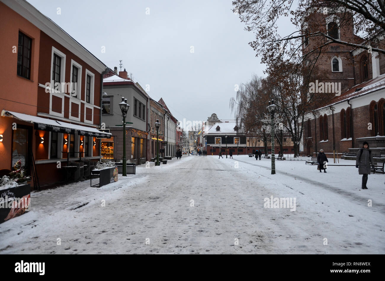 Vilniaus street, with Kaunas Cathedral Basilica to the right, Old Town, central Kaunas, Lithuania, December 2018 Stock Photo