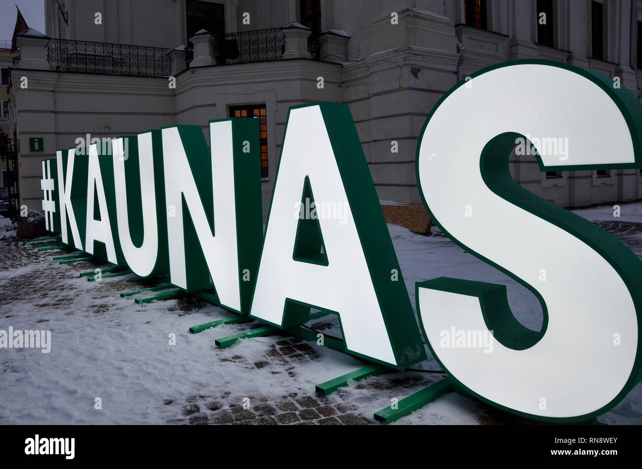 Kaunas sign, Town Hall Square, Old Town, Kaunas, Lithuania, December 2018 Stock Photo