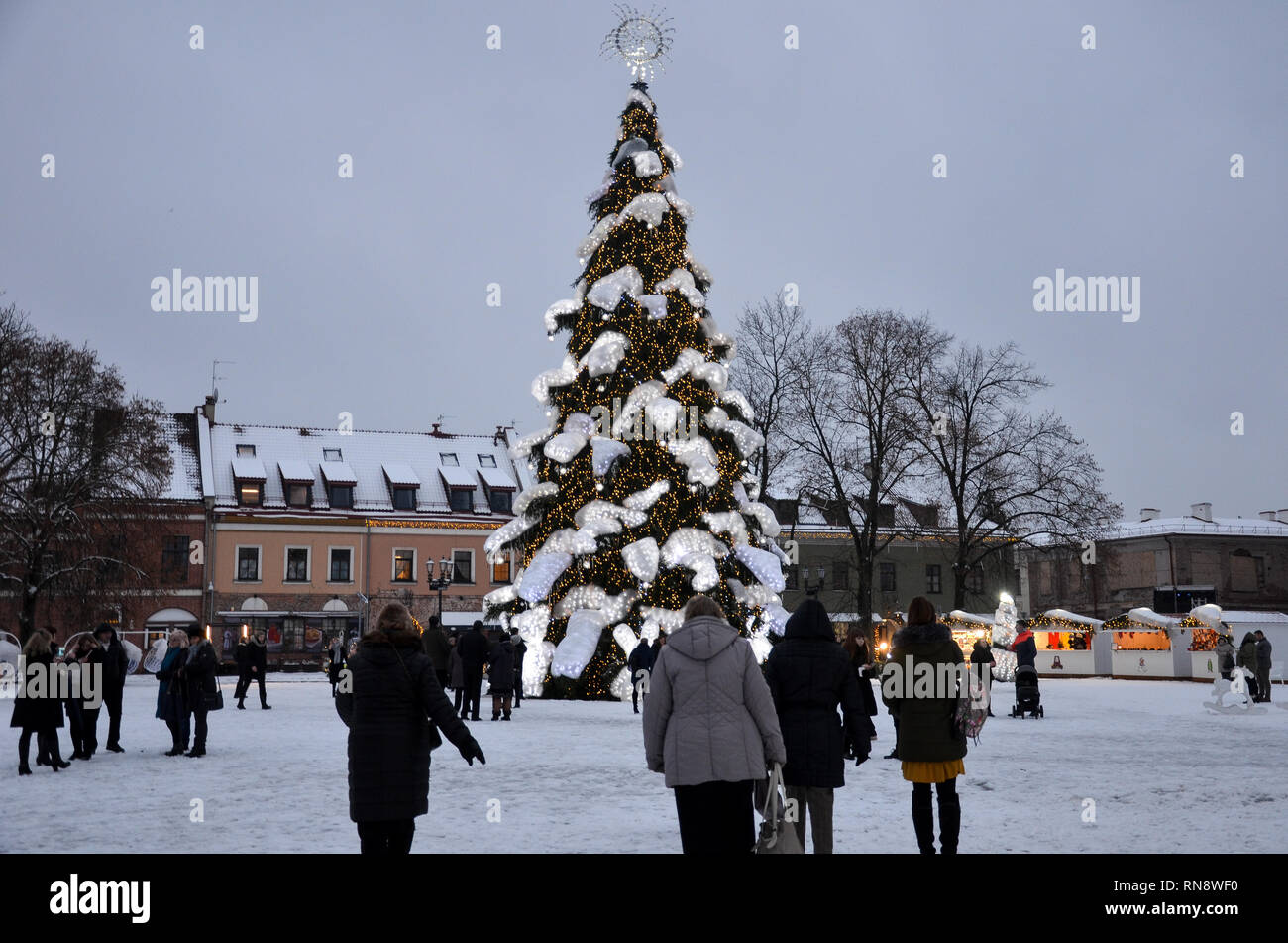 Christmas tree on Town Hall Square, Old Town, Kaunas, Lithuania, December 2018 Stock Photo