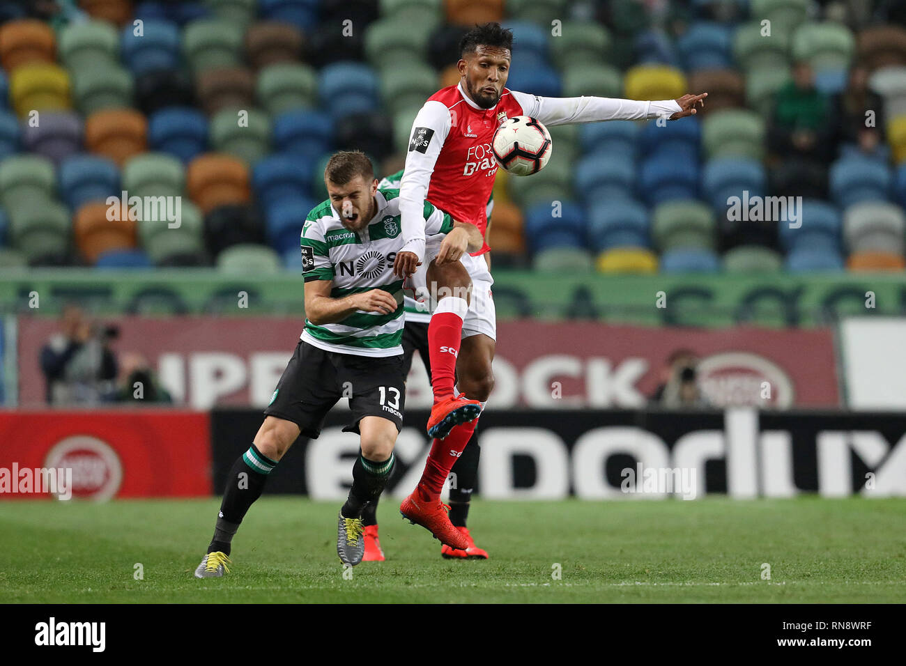 Stefan Ristovski of Sporting CP (L) vies for the ball with Dyego Sousa of SC Braga (R) during the League NOS 2018/19 footballl match between Sporting CP vs SC Braga.  (Final score: Sporting CP 3 - 0 SC Braga) Stock Photo