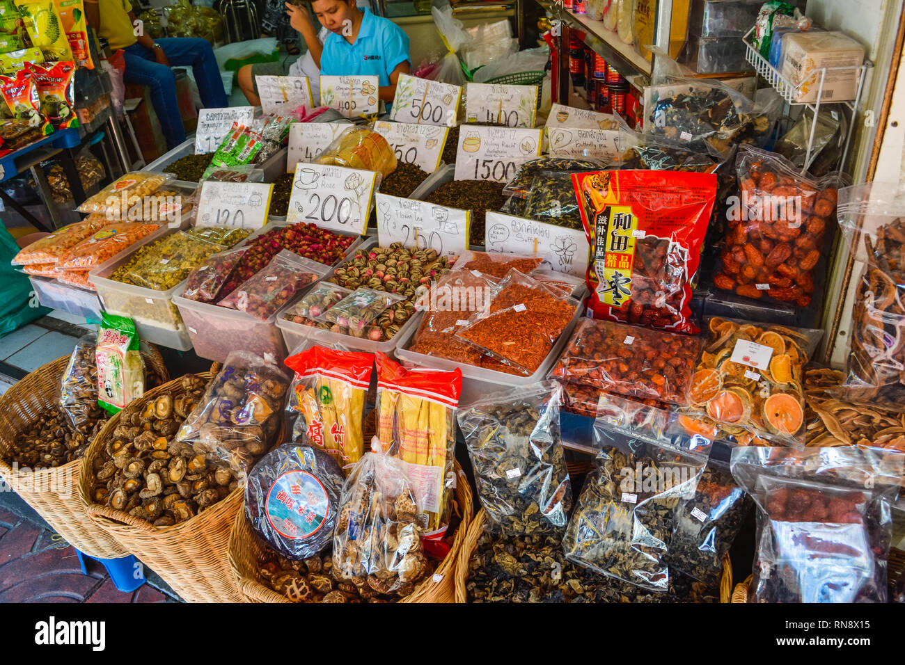 Thai food on the street is popular and sell well, not less than Pad Thai and Tom Yum Shrimp are various curries. Insect, fresh frogs, vegetables, frui Stock Photo