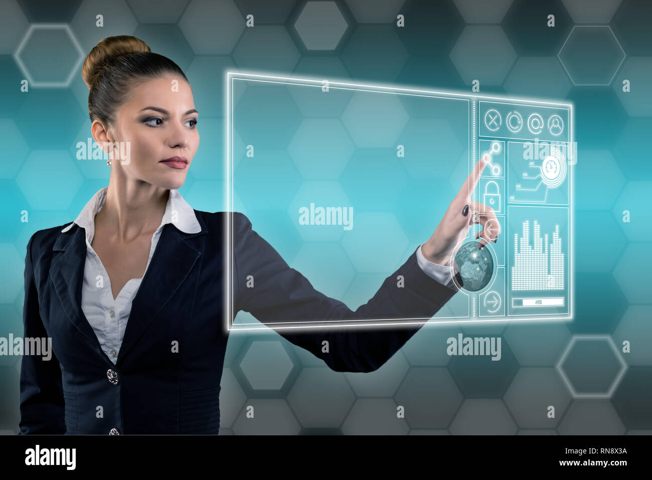 Future technology with holographic interface. Futuristic business woman  touching hologram. Scientific research Stock Photo - Alamy