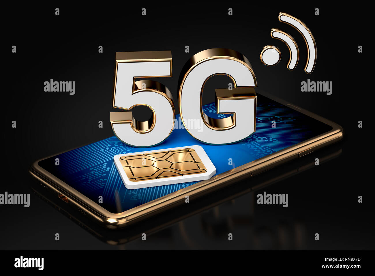 5G sign on smart phone screen with sim card next to it. Isolated on black background. High speed mobile web technology. 3D rendering Stock Photo