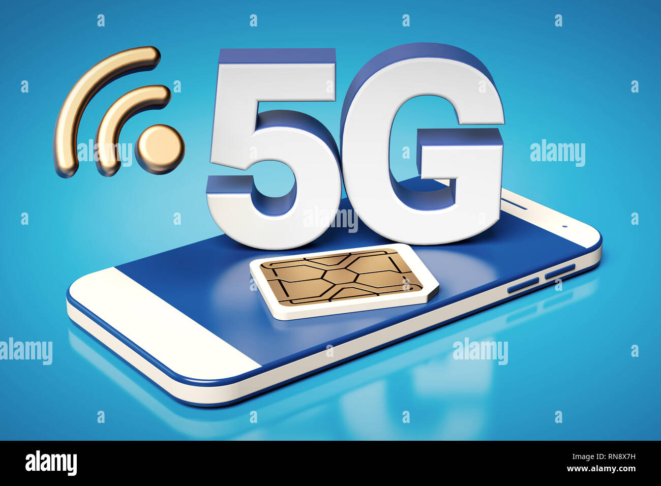 5G white letters standing on a simplified smartphone with sim card next to it. Blue background with copyspace. 3D rendering Stock Photo