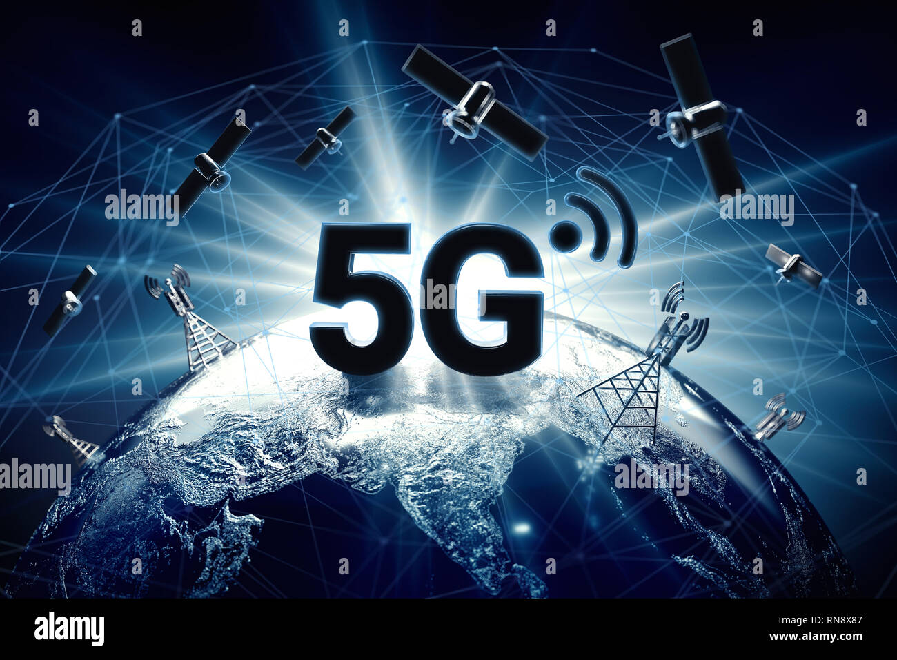 Global connectivity concept with worldwide communication network connection nodes around the glob. Tinted blue as conflicts around 5G cools down. 3D r Stock Photo