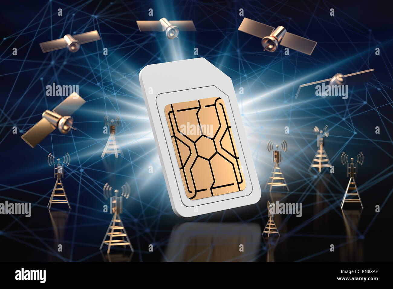 Sim card surrounded by high speed network data transfer nodes. Blurry closeup shot. Fast mobile