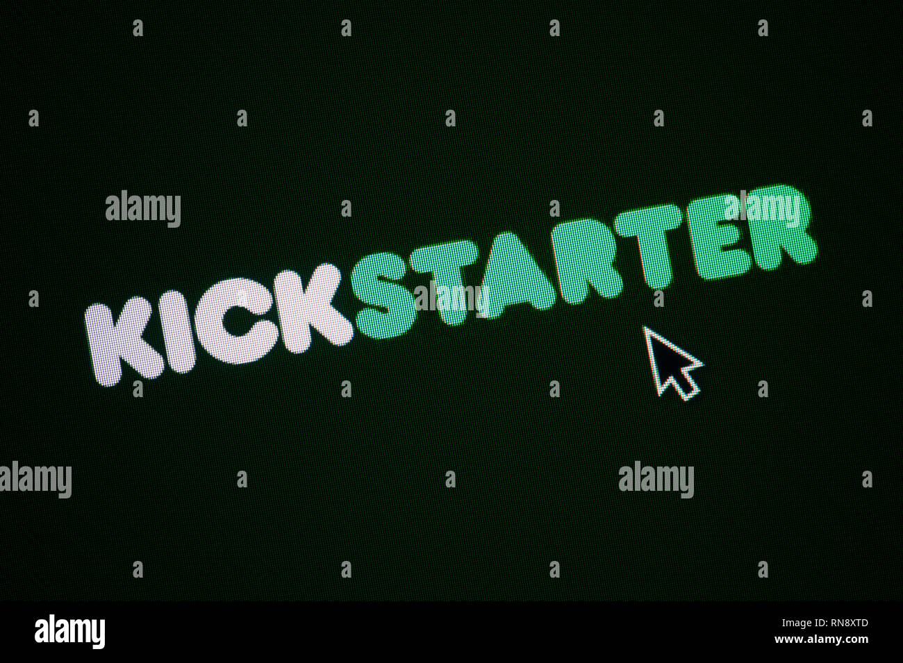 The logo of Kickstarter is seen on a computer screen along with a mouse