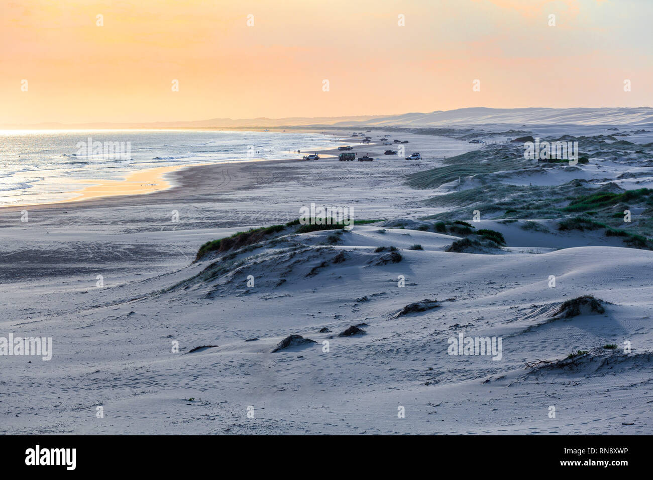 View of Stockton Beach 4WD access at sunset. Anna Bay, New South Wales, Australia Stock Photo View of Stockton Beach 4WD access at sunset. Anna Bay, New South Wales, Australia Stock Photo