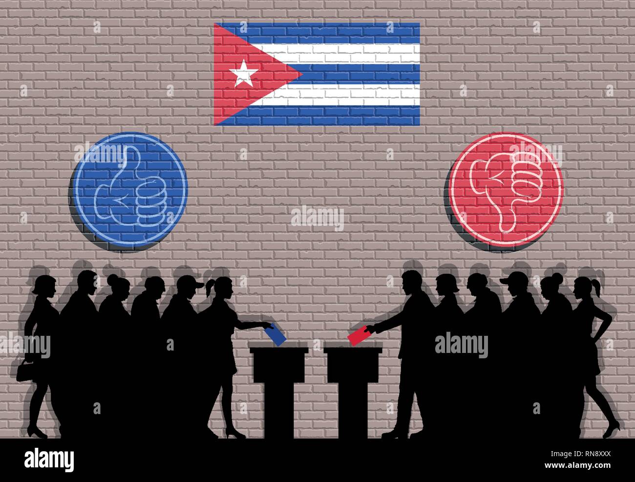 Cuban voters crowd silhouette in election with thumb icons and Cuba flag graffiti. All the silhouette objects, icons and background are in different l Stock Vector