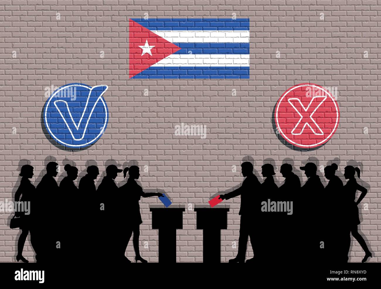 Cuban voters crowd silhouette in election with check marks and Cuba flag graffiti. All the silhouette objects, icons and background are in different l Stock Vector