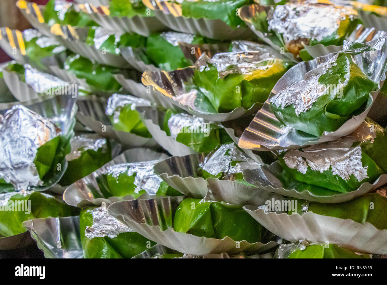 Sweet paan stack close up view lying in shop for selling in market Stock Photo