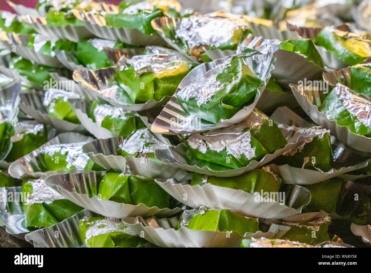 Sweet paan stack close up view lying in shop for selling in market Stock Photo
