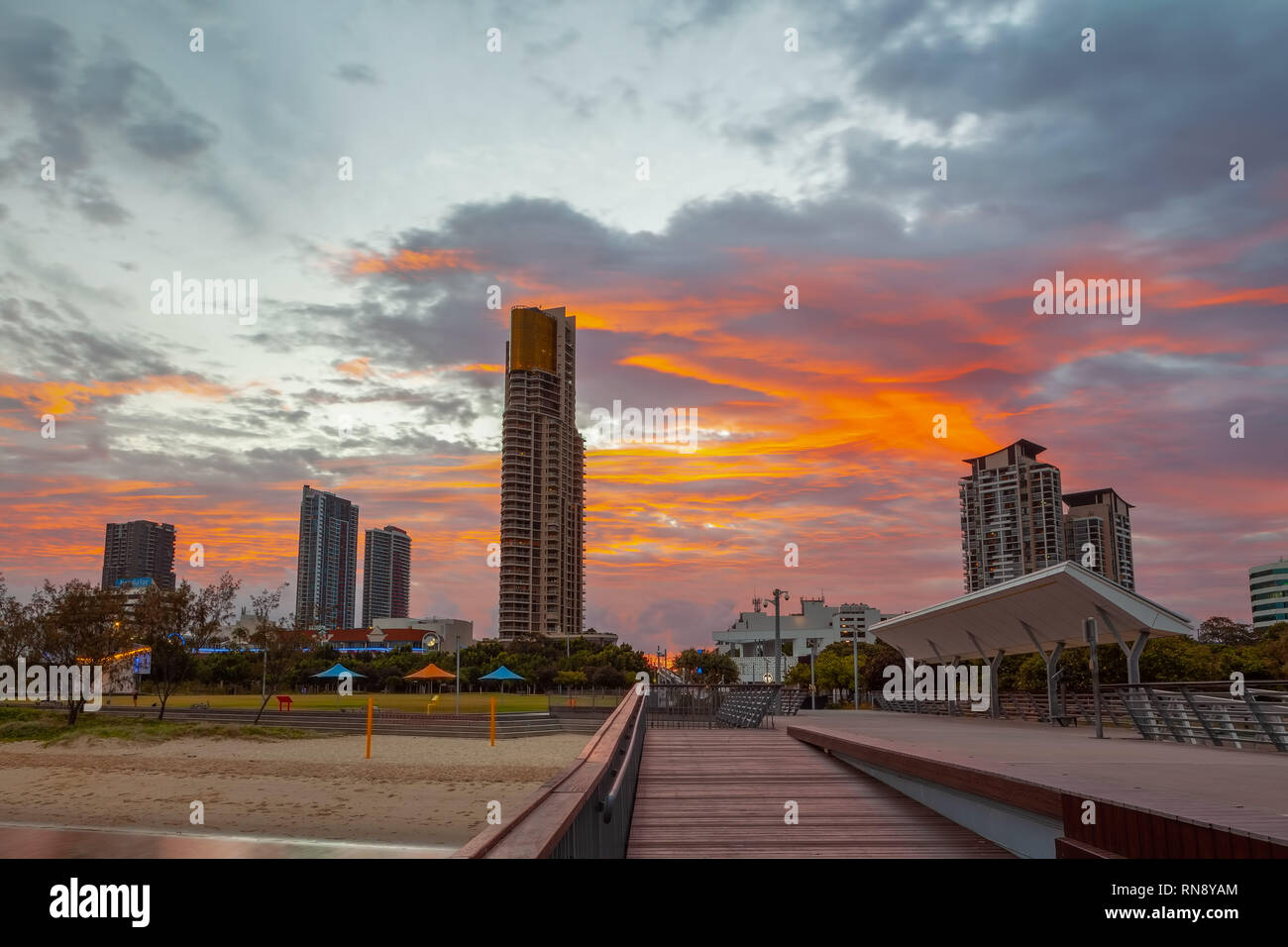 Glowing sunset over Gold Coast luxury real estate high rise buildings