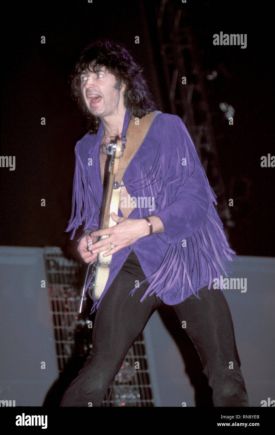 Deep Purple guitarist and leader Richie Blackmore is shown performing onstage during a 'live' concert appearance. Stock Photo