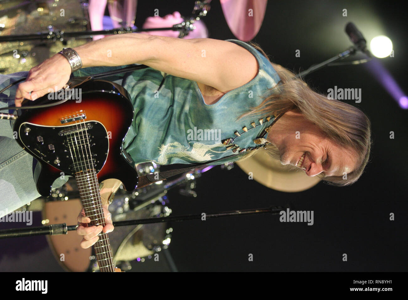 Deep Purple guitarist Steve Morse is shown performing on stage during a 'live' concert appearance. Stock Photo