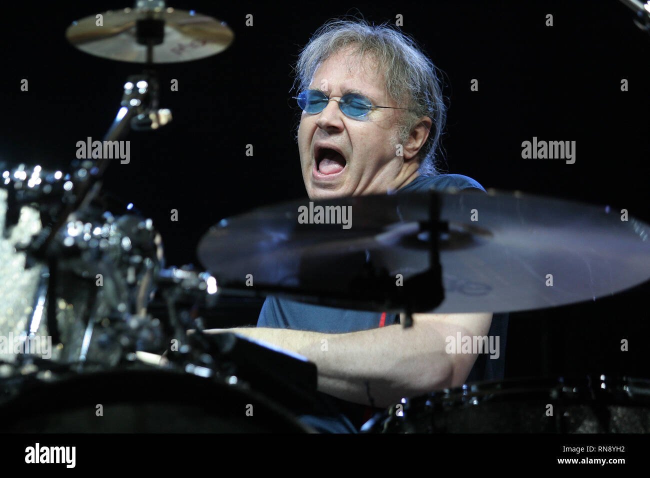 Deep Purple drummer Ian Paice is shown performing on stage during a 'live' concert appearance. Stock Photo