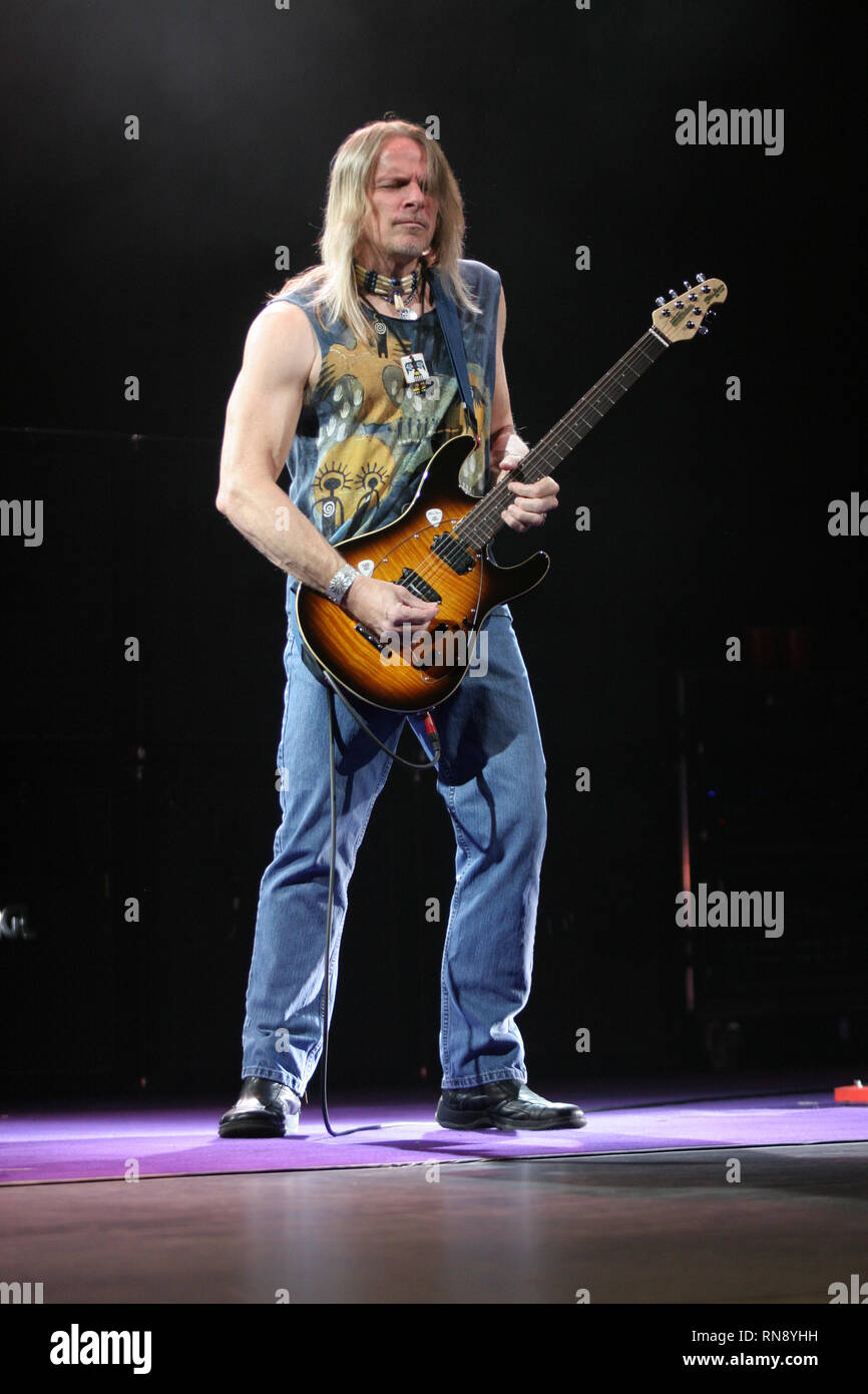 Deep Purple guitarist Steve Morse is shown performing on stage during a 'live' concert appearance. Stock Photo