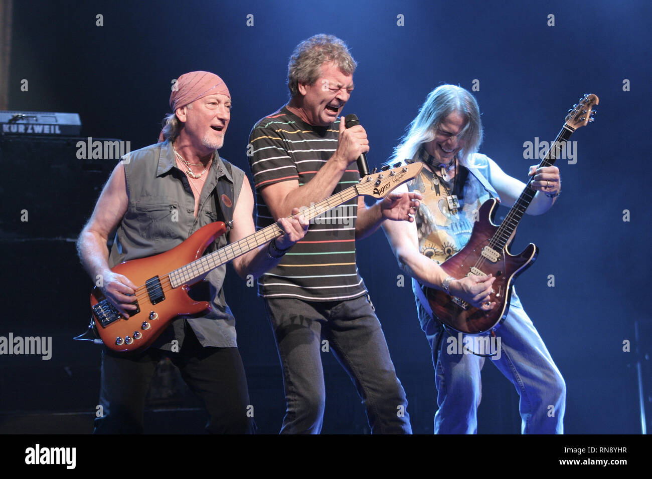 Deep Purple band members are shown performing together during a 'live' concert appearance. Stock Photo