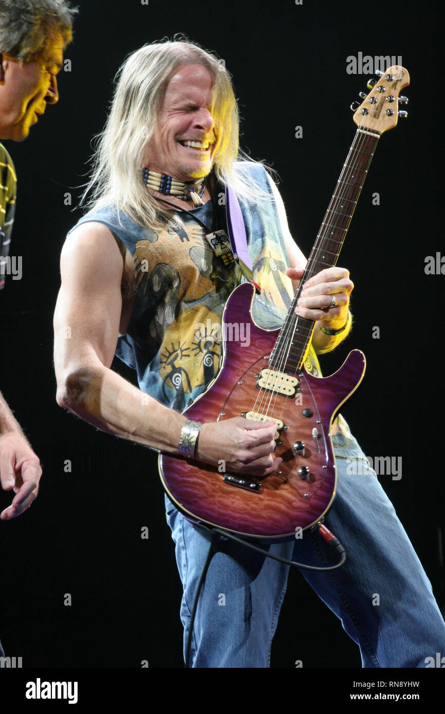 Deep Purple guitarist Steve Morse is shown performing on stage during a 'live' concert appearance. Stock Photo