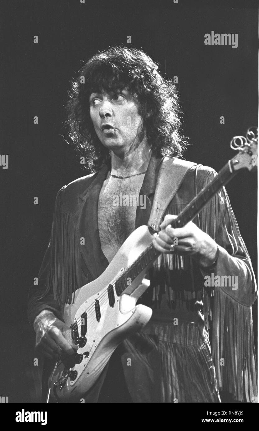 Deep Purple guitarist and leader Richie Blackmore is shown performing onstage during a 'live' concert appearance. Stock Photo
