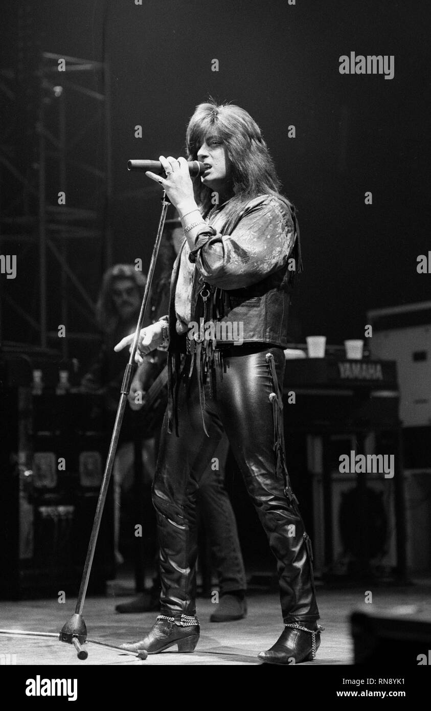 Deep Purple singer Joe Lynn Turner is shown performing onstage during a 'live' concert appearance. Stock Photo