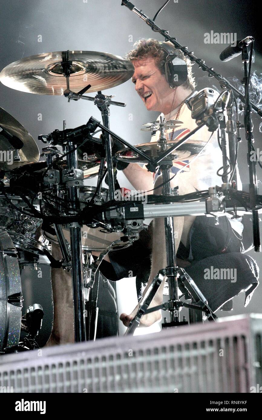 Def Leppard drummer Rick Allen is shown performing on stage during a concert appearance. Stock Photo