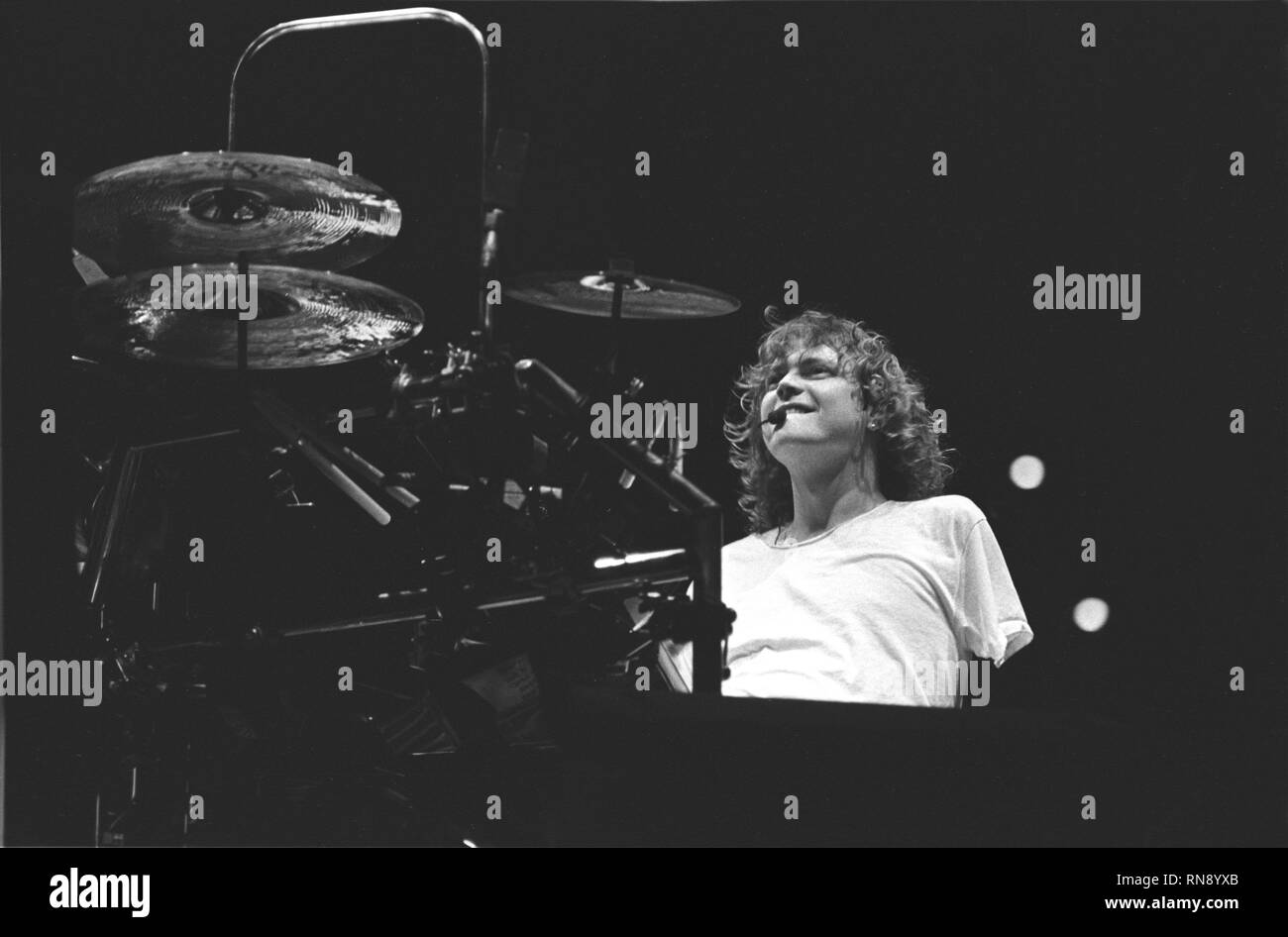Def Leppard drummer Rick Allen is shown performing on stage during a concert appearance. Stock Photo