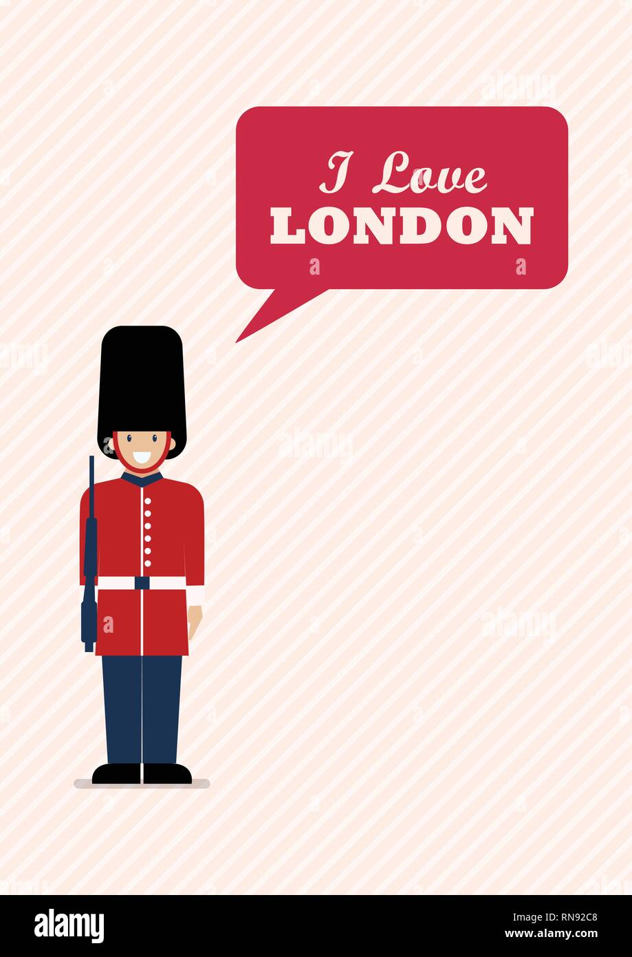 British Army soldier with word I love London. Flat style vector illustration. Greeting card Stock Vector