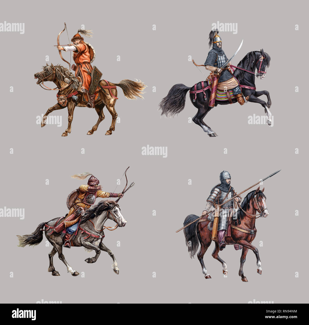 Medieval mounted knights. Heavy armored magyar (hungarian) riders. Set