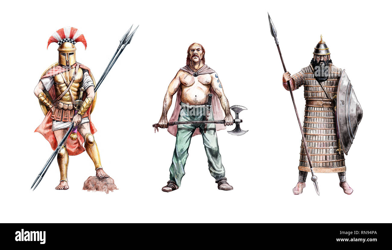 Ancient warriors. Greek Hoplite, Assyrian and Frankish warrior. Historical illustration. Stock Photo